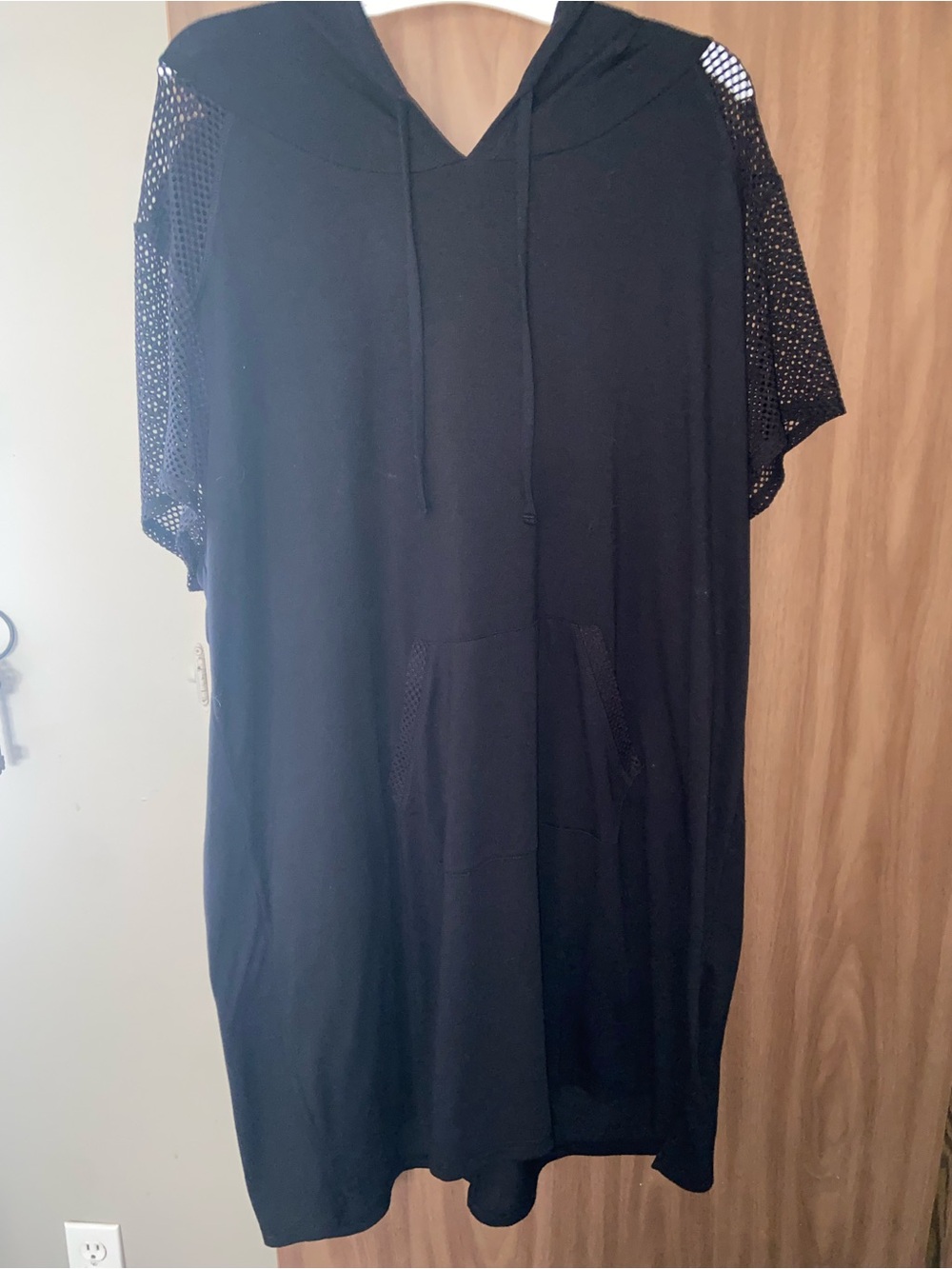 Black Short-Sleeve Hooded Dress/Tunic with Mesh Sleeves